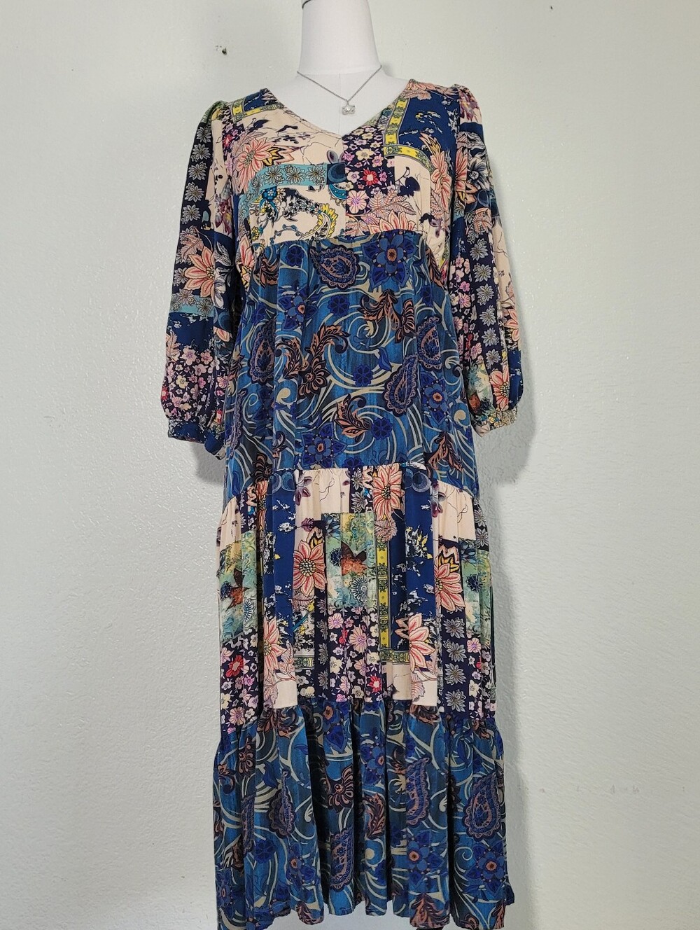 GiGiO Midnight Blue Mixed Print Tiered Floral Paisley Peasant Midi Dress Small - Picture 2 of 12